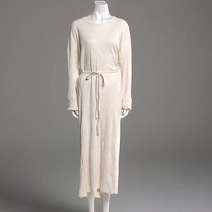 Baserange Long Sleeve Cream Ribbed Knit Dress with Tie Waist Organic Cotton